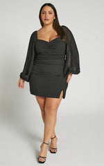 Lunara Bodysuit - Textured Ballon Sleeve Bodysuit in Black