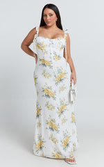 Mabel Maxi Dress - Georgette Frill Sleeve Sweetheart Bias Cut Dress in Antique Florals