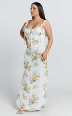 Mabel Maxi Dress - Georgette Frill Sleeve Sweetheart Bias Cut Dress in Antique Florals
