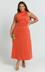 Macy Midi Dress - High Neck A Line Dress in Orange