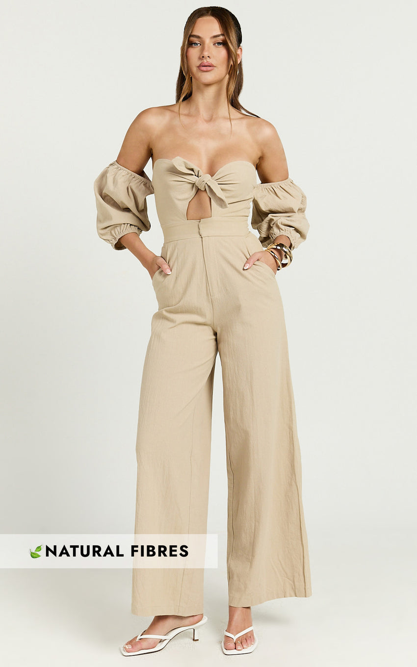 Maja Jumpsuit - Front Tie Off Shoulder Jumpsuit in Sand