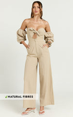 Maja Jumpsuit - Front Tie Off Shoulder Jumpsuit in Sand