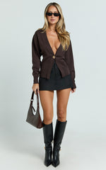 Makayla Cardigan - Long Sleeve Deep V Hardware Button Cardigan in Chocolate