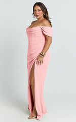 Marcel Maxi Dress - Off Shoulder Corset High Split Dress in Pink