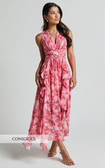 Marga Midi Dress - Plunge Ruffle Detail Cut Out Dress in Petal Paradise