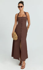 Marla Midi Dress - Square Neck Button Front Shift Dress in Chocolate
