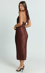Marlette Midi Dress - Pleated Open Back Halter Dress in Chocolate