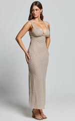 Mauriel Midi Dress - Deep V Gathered Bust Slip Dress in Natural Geo