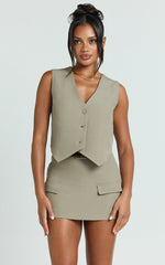 Melinda Top- Recycled Tailored Button Through Vest Top in Light Olive