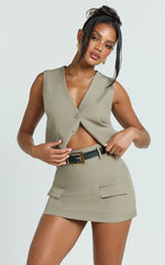 Melinda Top- Recycled Tailored Button Through Vest Top in Light Olive