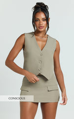 Melinda Top- Recycled Tailored Button Through Vest Top in Light Olive