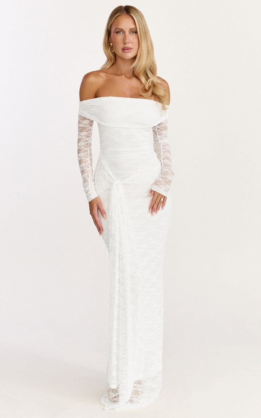 Melville Maxi Dress - Off Shoulder Long Sleeve Lace Dress in White
