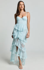 Merrick Maxi Dress - Sweetheart Corset Front Tiered Maxi Dress in Ice Blue