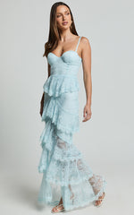 Merrick Maxi Dress - Sweetheart Corset Front Tiered Maxi Dress in Ice Blue