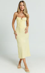Mikayla Midi Dress - Linen Scoop Neck Ruched Bust Corset Waist Bias Skirt Dress in Lemon
