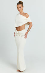 Mila Two Piece Top And Skirt Set - Asymmetric Cape Top And Ruched Floral Trim Maxi Skirt in Ivory