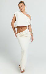 Mila Two Piece Top And Skirt Set - Asymmetric Cape Top And Ruched Floral Trim Maxi Skirt in Ivory
