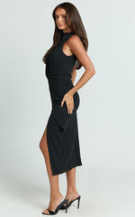 Millie Midi Dress - Front Twist Cut Out Thigh Split Dress in Black