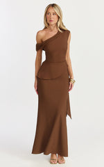 Minnie Two Piece Top and Skirt Set - Drape Off Shoulder Top and Maxi Skirt in Chocolate