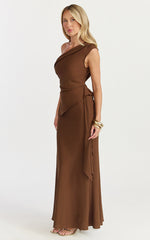 Minnie Two Piece Top and Skirt Set - Drape Off Shoulder Top and Maxi Skirt in Chocolate