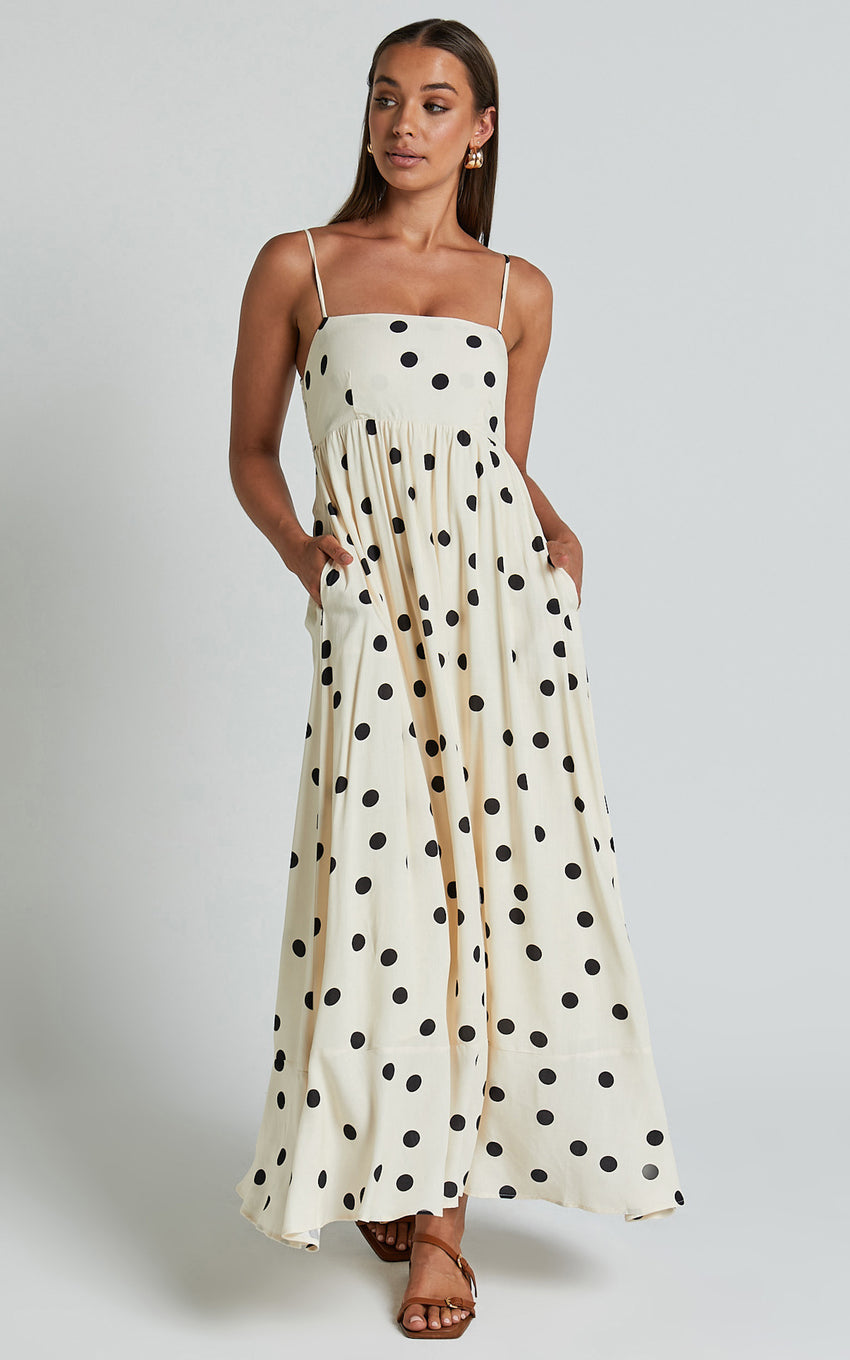 Miriam Midi Linen Blend Dress - Strappy Straight Neck A Line Dress in Beige & Black Spot