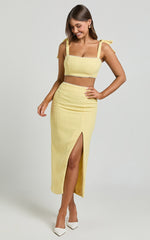 Mitzy Two Piece Set - Boucle Pearl Detail Crop And Faux Wrap Midi Skirt Set in Lemon