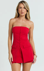 Monroe Two Piece Set - Strapless Button Down Longline Vest Top and High Waisted Mini Skirt in Red