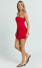Monroe Two Piece Set - Strapless Button Down Longline Vest Top and High Waisted Mini Skirt in Red