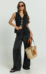 Myrna Two Piece Set - Gold Hardware Waistcoat Top and Relaxed Satin Pants Set in Black