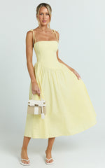 Myrtle Midi Dress - Straight Neck Curved Drop Waist Gathered Full Skirt Dress in Lemon
