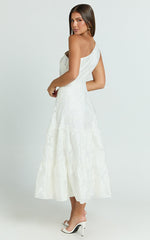 Nadette Midi Dress - One Shoulder Pleated Tiered Dress in White