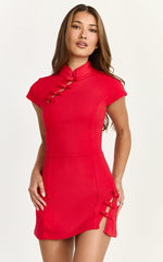 Nadia Mini Dress - Cap Sleeve Mandarin Collar Fitted Dress in Red with Red Trim