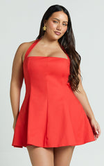 Nadine Mini Dress - Square Neck Halterneck Flare Skirt Dress in Red