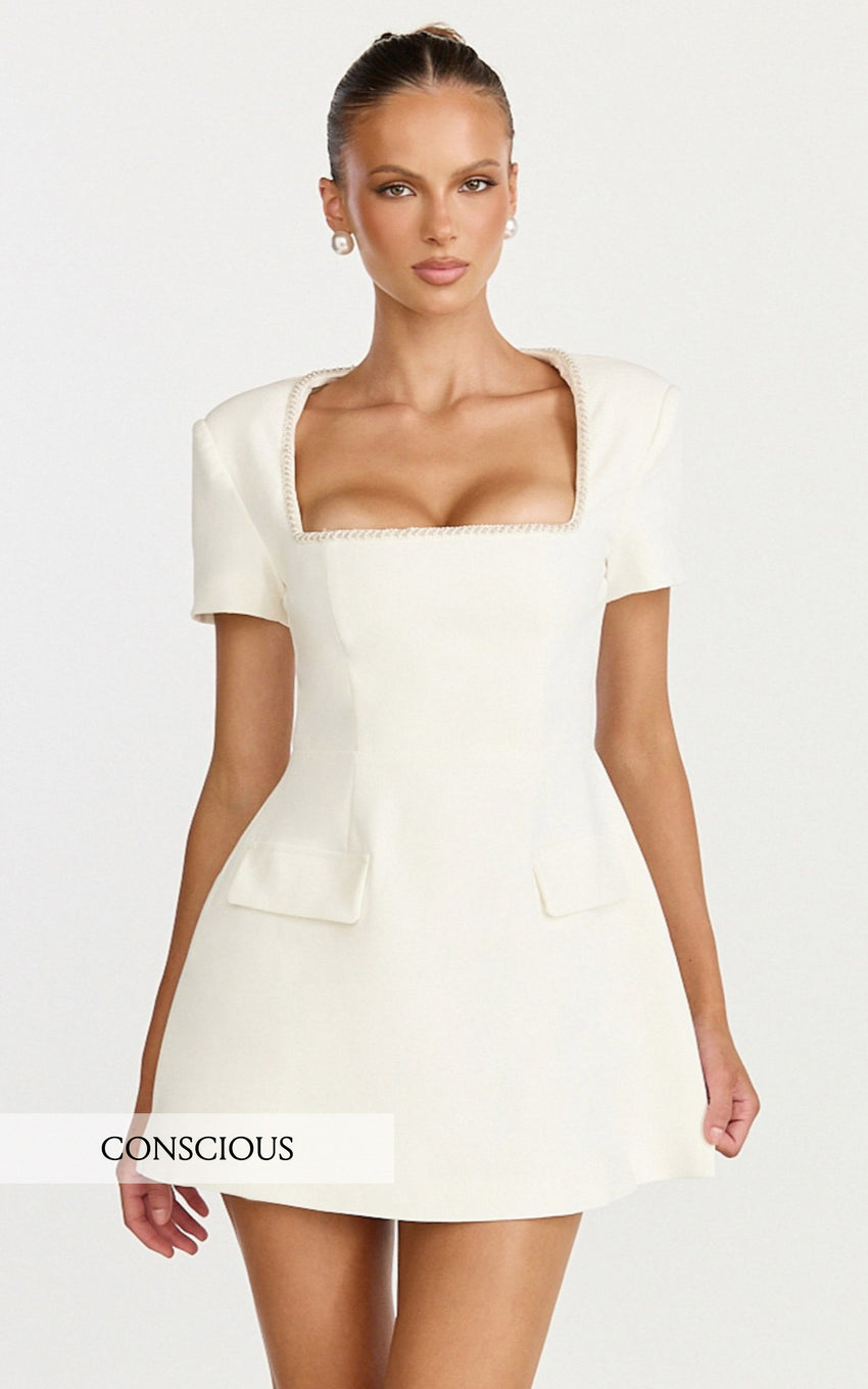 Nakita Mini Dress - Short Sleeve Pearl Trim Square Neck Tulip Dress in White
