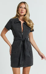 Nandini Mini Dress - Hardware Zip Through Denim Dress in Black Wash