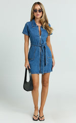 Nandini Mini Dress - Hardware Zip Through Denim Dress in Blue