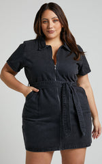 Nandini Mini Dress - Hardware Zip Through Denim Dress in Black Wash
