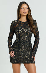 Ness Mini Dress - Long Sleeve Lace Fit And Flare Dress in Black