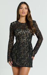 Ness Mini Dress - Long Sleeve Lace Fit And Flare Dress in Black