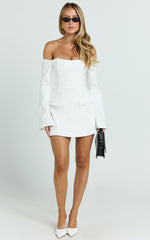 Nettie Mini Dress - Off Shoulder Longsleeve Fit and Flare Dress in White