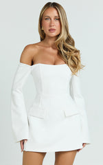 Nettie Mini Dress - Off Shoulder Longsleeve Fit and Flare Dress in White