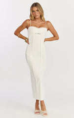 Nikki Midi Dress - Scallop Edge Front Split Column Dress in Off White