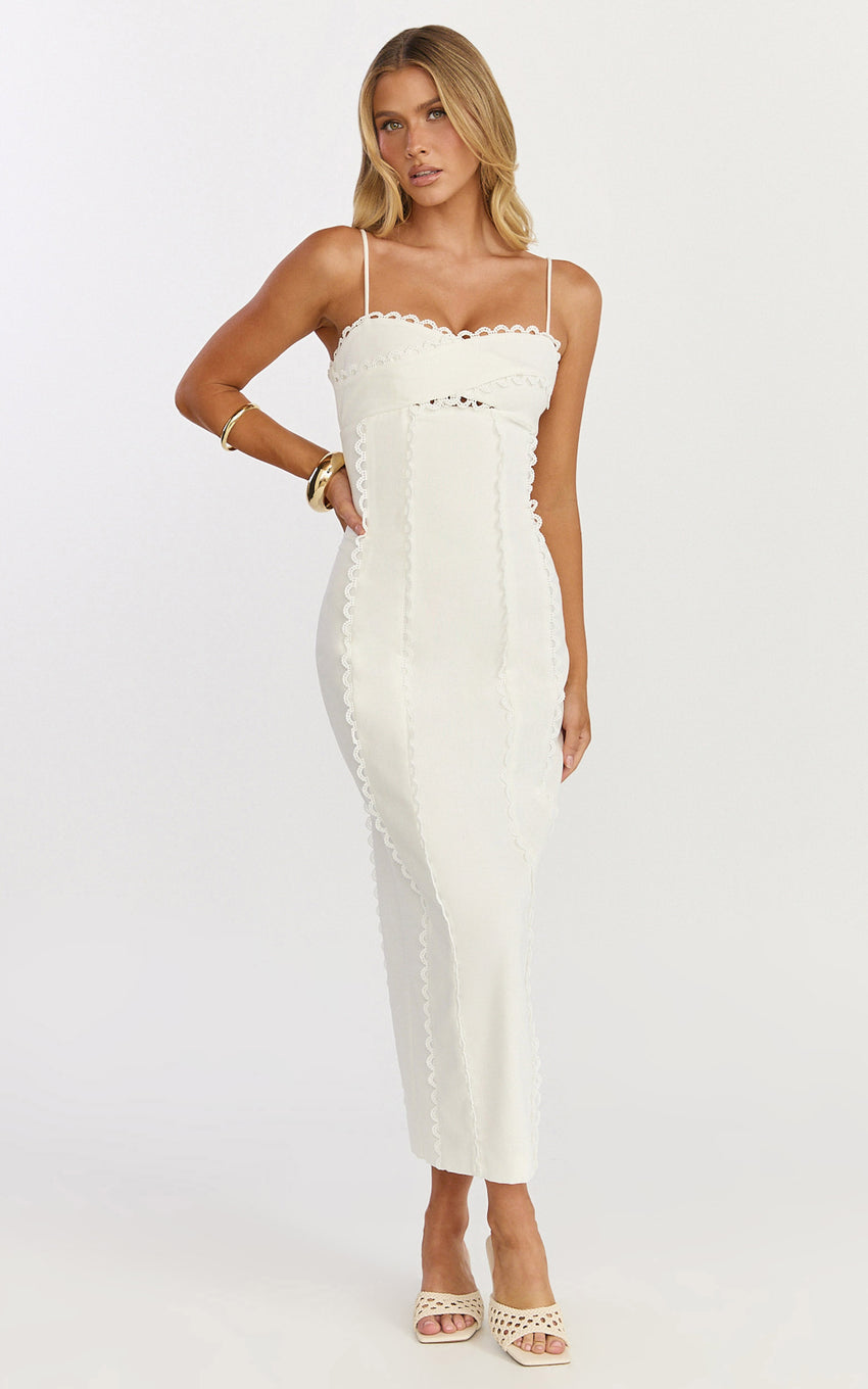 Nikki Midi Dress - Scallop Edge Front Split Column Dress in Off White