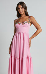 Nimfa Midi Dress - Strappy Floral Detail Tiered Dress in Pink