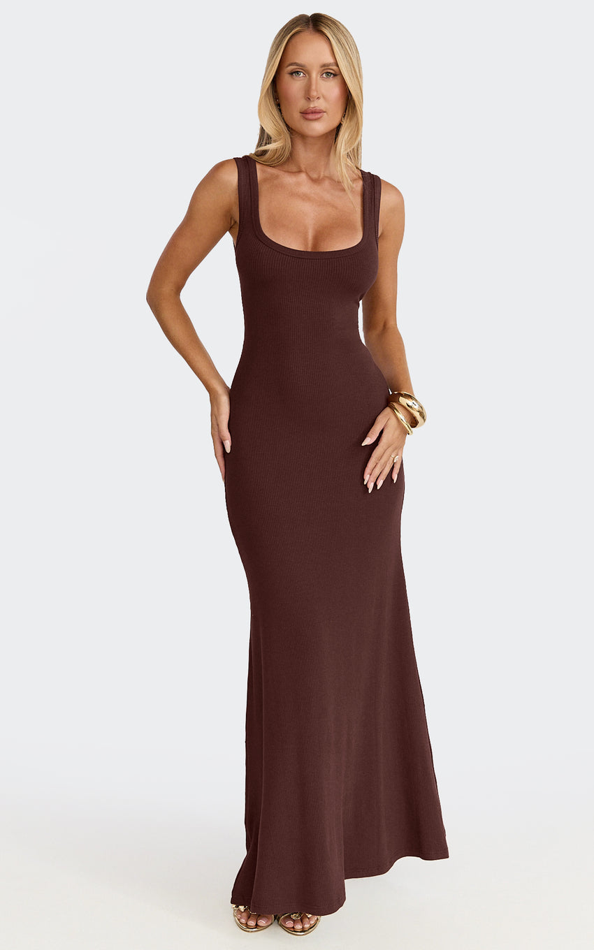 Odette Maxi Dress - Scoop Neck A Line Dress in Chocolate