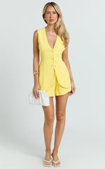 Olivia Top - Longline Linen V Neck Back Tie Vest Top in Lemon