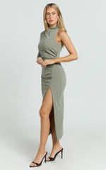 Olsen Midi Dress - Asymmetric One Sleeve Draped Leg Split Dress in Khaki