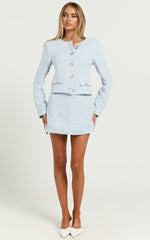 Olympia Jacket - Boucle Scoop Neck Button Down Long Sleeve Jacket with Gold Hardware Detail in Pale Blue