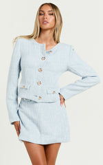Olympia Jacket - Boucle Scoop Neck Button Down Long Sleeve Jacket with Gold Hardware Detail in Pale Blue