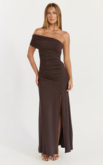 Opal Maxi Dress - Off Shoulder Gathered Bodice Fit And Flare Dress in Dark Chocolate